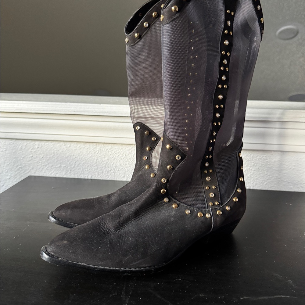 Zalo Vintage Black Studded Mesh Boots